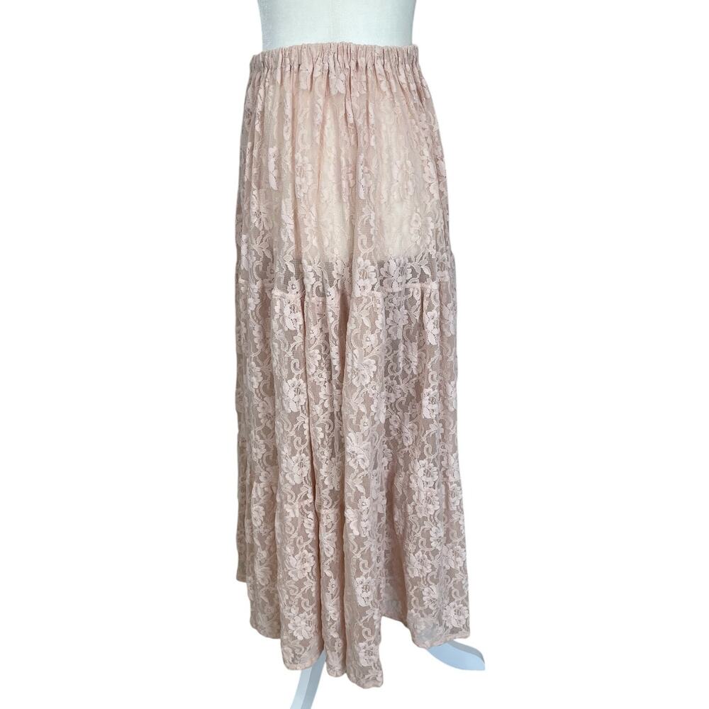 Vtg Cynthia San Fancisco Sheer Lace Tiered Skirt Blush Size Large Romantic Boho - Picture 4 of 9